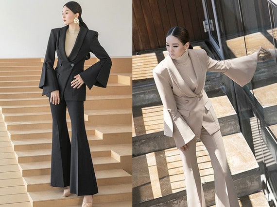 Modern Women Slim Cut Pantsuit, Wide Sleeves Blazer Boot Leg Pants Suit Set,  Designer Stylish Formal Office Cocktail Prom Wedding 