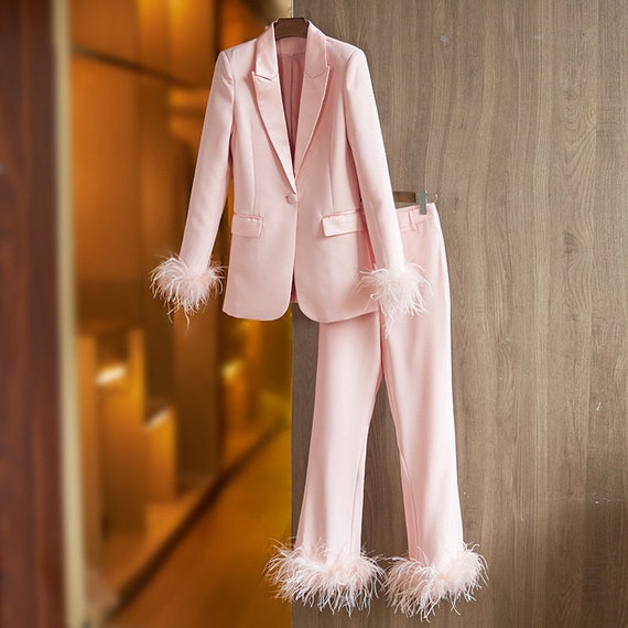 Women Funky Pantsuit, Faux Feather Trim One Button Blazer Mid Waist Cropped  Trousers Suit Pantsuit Pink / White / Black for Wedding, Party -   Denmark