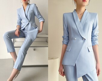 Acetate Blue Asymmetric Pantsuit, Designer Women Slim Cut Blazer Pants  Spring Summer Suit Set Formal Party Cocktail Office Wedding 