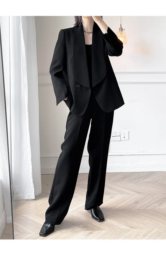 Black Big Collar Pantsuit, Designer Woman Korean Style Montone