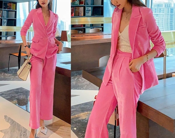 Cute Pink Velvet Pantsuit, Designer Woman Suit Jacket Pants Slim Cut Deluxe  for Smart Casual/ Formal/ Party Event/ Gift 