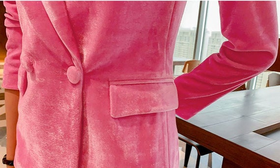 Cute Pink Velvet Pantsuit, Designer Woman Suit Jacket Pants Slim Cut Deluxe  for Smart Casual/ Formal/ Party Event/ Gift -  Sweden
