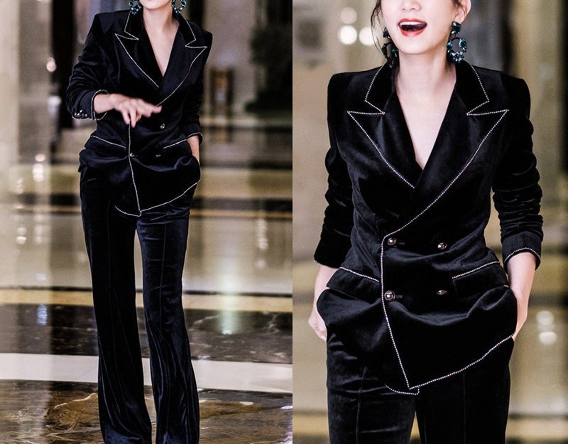 Black Velvet Pantsuit Designer Women Suit Jacket Pants Slim Etsy