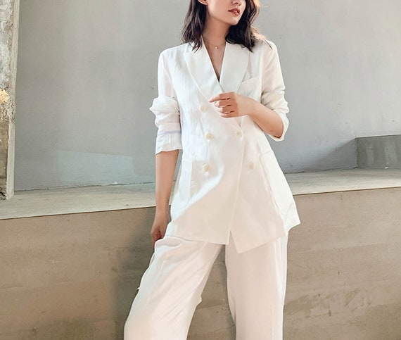 Traje de pantalón de lino blanco mujer diseñadora de estilo - Etsy España