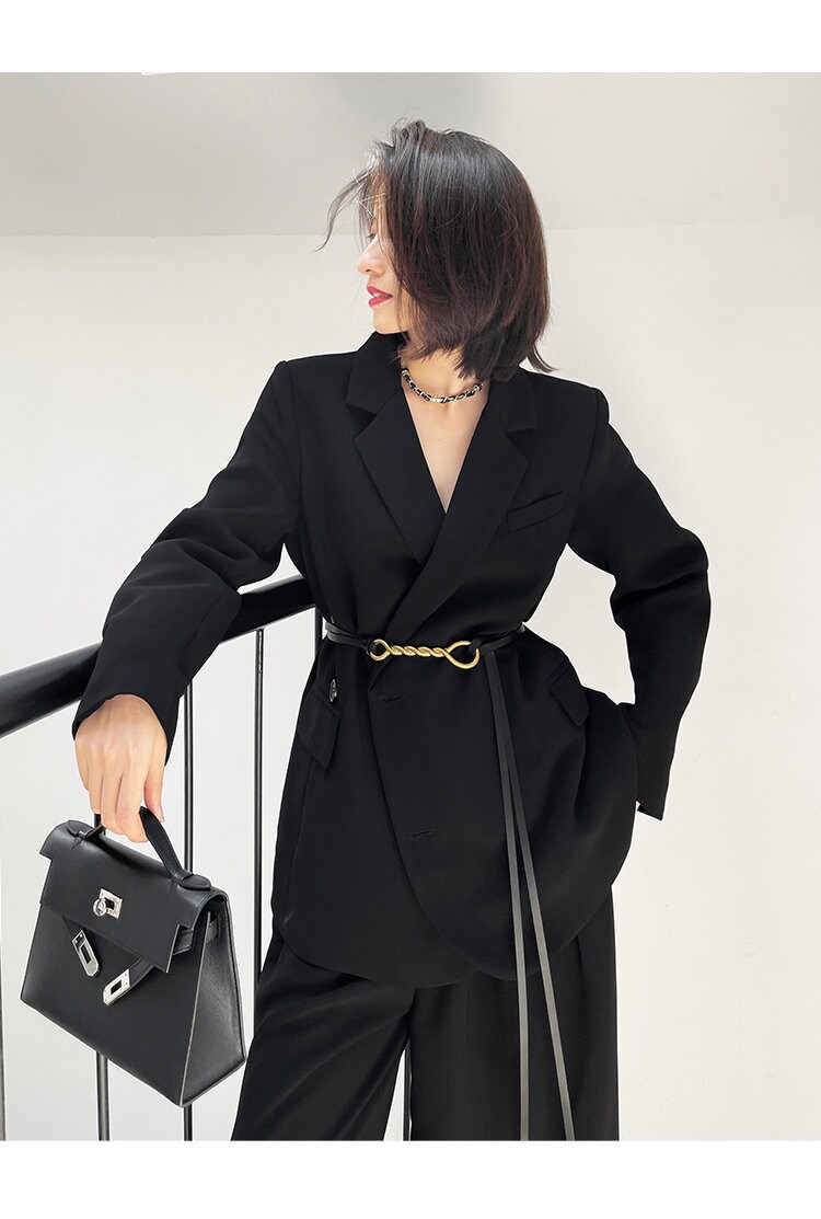 Black Chic Pantsuit, Designer Woman Korean Minimalist Montone