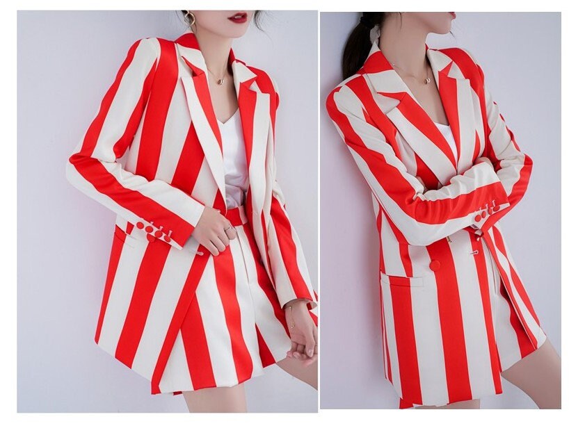 Red Striped Suit Jacket Short Pants Set Woman Colorful Blazer