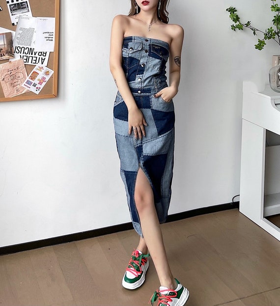 Patchwork Denim Long Dress, Designer Woman Street Casual One Piece Blue  Jeans Collage Art Event Party Gift for Her - Etsy Denmark