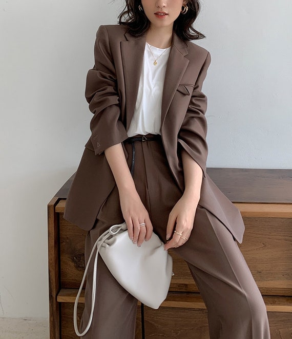 Brown Chic Pantsuit, Designer Woman Korean Style Minimalist