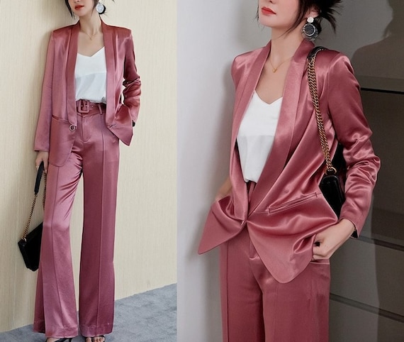 Shiny Satin Pantsuit, Designer Woman Suit Jacket Pants Minimalist