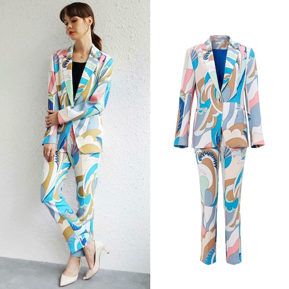 Abstract Pattern Print Pantsuit, Designer Woman Colorful Suit