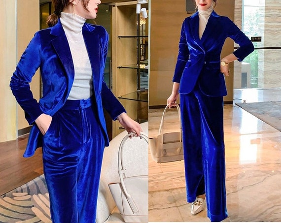 Diamond Blue Velvet Pantsuit Designer 
