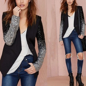 Gradient Sequin Sleeve Blazer, Designer Woman Suit Jacket Shiny Material for Smart Casual/ Formal/ Party/ Event/ Gift for her