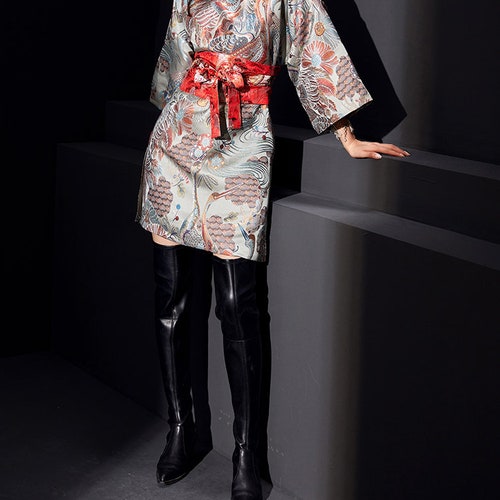 modern casual japanese dress Oriental Style Birds Pattern Dress, Women Big Sleeved Art Clothes Modern  Cheongsam Japanese Format Smart Casual