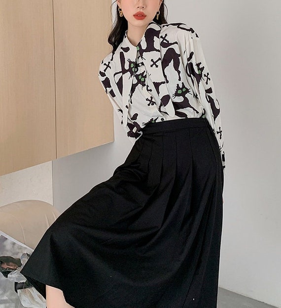 Black Cat Print Long Collar Blouse Designer Woman Button - Etsy