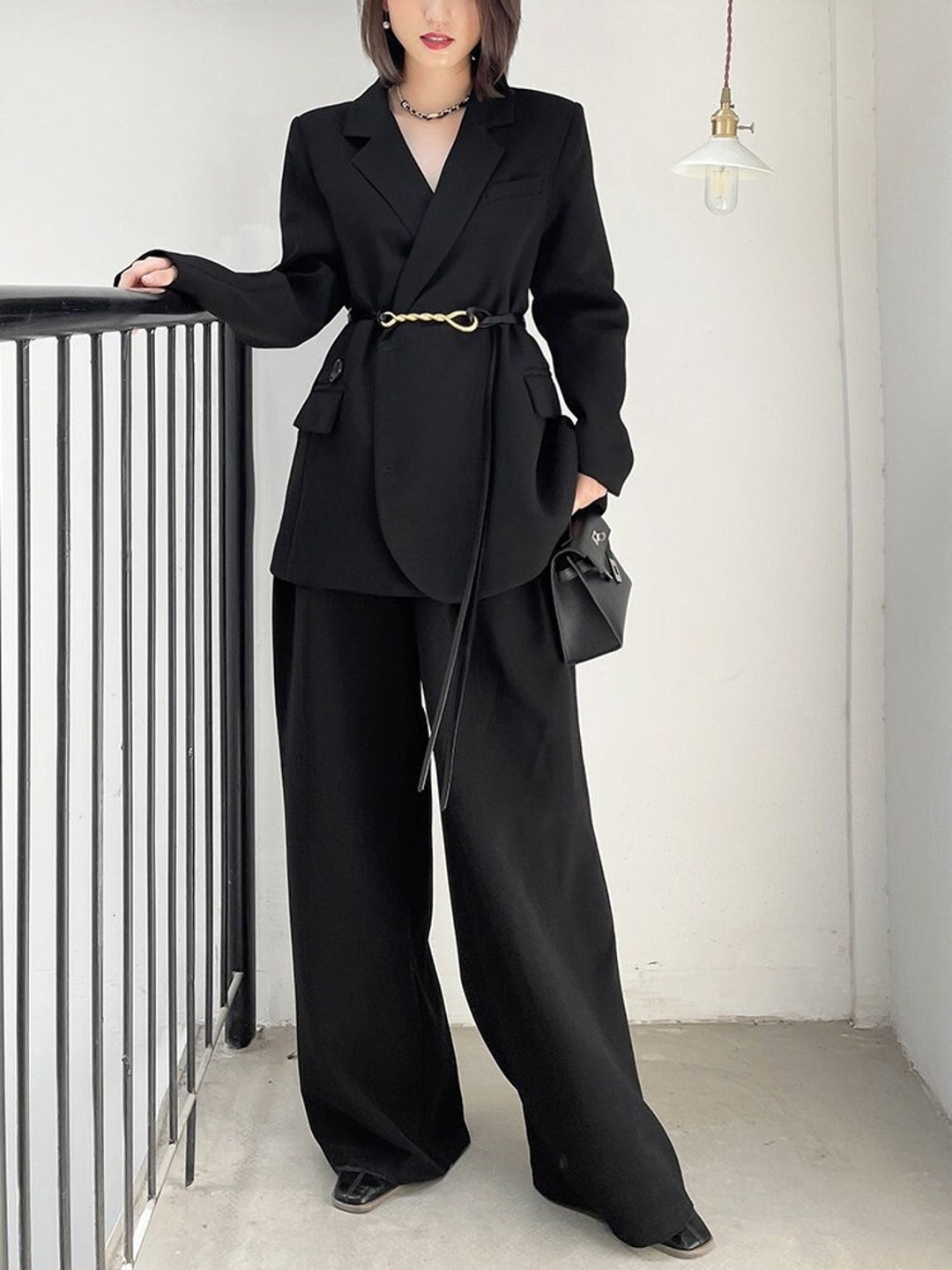 Black Chic Pantsuit, Designer Woman Korean Minimalist Montone Suit