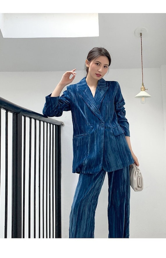 ironía personal grano Traje de pantalón de terciopelo azul mujer diseñadora Gran - Etsy México
