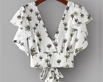 Patrón de costura en PDF para blusa corta con lazo en la espalda Mangas  con volantes Molde imprimible casero