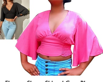 Flounce Sleeve Crop Blouse Sewing Pattern | Front Shirred Design | PDF Downloadable