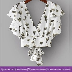 Tie Back Crop Blouse PDF Sewing Pattern | Ruffle Sleeve | Summer Dress Patterns | Online Sew Beginners | Home Printing | Projector Printable