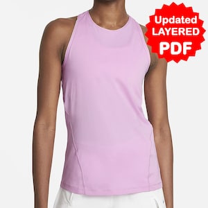 Puede incluir: Un top sin mangas de color lila claro con un diseño de espalda de nadador. El top tiene un escote redondo y una silueta ajustada.