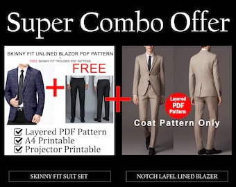 Men's Blazer PDF Sewing Pattern Bundle | Skinny Fit Unlined Notch Lapel | Home Printable Mold