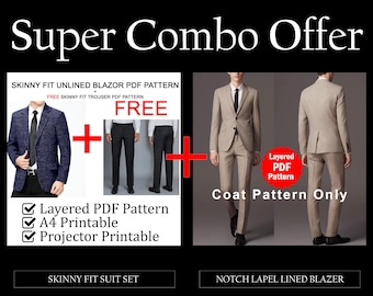 Men's Blazer Sewing Patterns | Skinny Fit Unlined Notch Lapel Blazer Pattern | Combo Offer | Sale