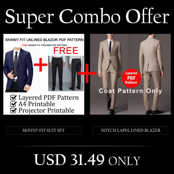 Men's Blazer Sewing Patterns | Skinny Fit Unlined Notch Lapel Blazer Pattern | Combo Offer | Sale
