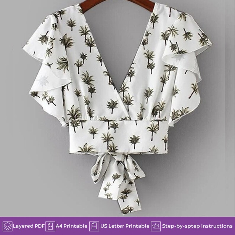 Patrón de costura en PDF para blusa corta con lazo en la espalda / Mangas con volantes / Molde imprimible casero