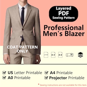 Professional Men&#39;s Blazer PDF Sewing Pattern with Notch Lapel | Coat Patterns | Jacket Patterns Instant Download