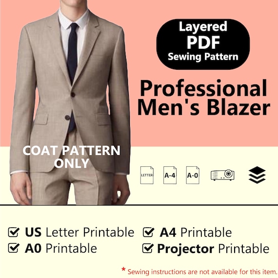 Men's Blazer PDF Sewing Pattern | Professional Notch Lapel Jacket Mold | A4 A0 Letter Layered
