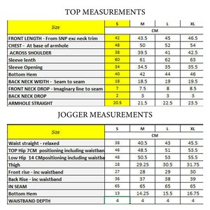 Pode incluir: Um gr&aacute;fico com medidas para diferentes tamanhos de tops e joggers. O gr&aacute;fico inclui medidas para o comprimento da frente, o peito, a largura dos ombros, o comprimento da manga, a abertura da manga, a bainha inferior, a largura do pesco&ccedil;o de tr&aacute;s, a queda do pesco&ccedil;o da frente, a queda do pesco&ccedil;o de tr&aacute;s, a cava, a cintura reta, o quadril superior, o quadril inferior, a coxa, a altura da frente, a altura de tr&aacute;s, a virilha, a bainha inferior e a profundidade da cintura.