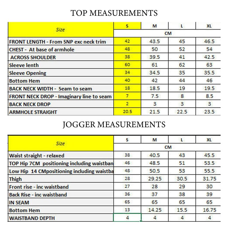 Pode incluir: Um gr&aacute;fico com medidas para diferentes tamanhos de tops e joggers. O gr&aacute;fico inclui medidas para o comprimento da frente, o peito, a largura dos ombros, o comprimento da manga, a abertura da manga, a bainha inferior, a largura do pesco&ccedil;o de tr&aacute;s, a queda do pesco&ccedil;o da frente, a queda do pesco&ccedil;o de tr&aacute;s, a cava, a cintura reta, o quadril superior, o quadril inferior, a coxa, a altura da frente, a altura de tr&aacute;s, a virilha, a bainha inferior e a profundidade da cintura.