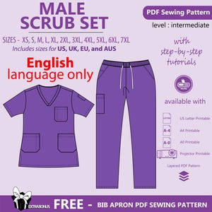 Male Scrub Set PDF Sewing Pattern | Unisex Nurse Tunic Trouser| Instant Download | Uniform DIY