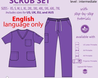Male Scrub Set PDF Sewing Pattern | Unisex Nurse Tunic Trouser| Instant Download | Uniform DIY