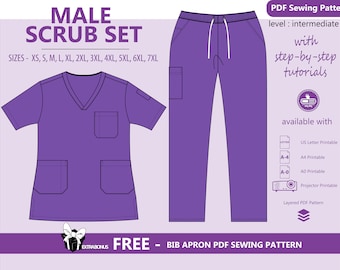 Male Scrub Set PDF Sewing Pattern | Medical Scrub Sewing | Unisex | Nurse Tunic Trouser | Printable pdf | Uniform DIY Downloads