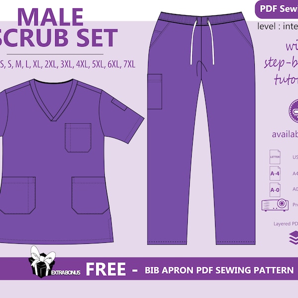 Male Scrub Set PDF Sewing Pattern | Medical Scrub Sewing | Unisex | Nurse Tunic Trouser | Printable pdf | Uniform DIY Downloads