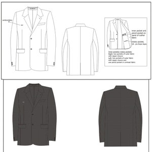 May include: A black blazer with a three-button closure, two flap pockets, and a single button on the cuff. The blazer has a red trim along the edges of the lapels and pockets. The back of the blazer is shown in a separate image. Inner pockets/notary pockets: Right: two pockets of outer fabric with zipper closure Left: two pockets of outer fabric with zipper closure and one pencil pocket in contrast fabric.