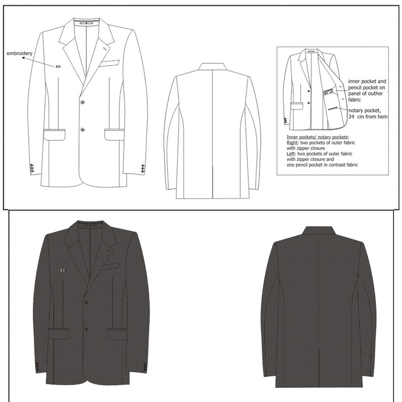 May include: A black blazer with a three-button closure, two flap pockets, and a single button on the cuff. The blazer has a red trim along the edges of the lapels and pockets. The back of the blazer is shown in a separate image. Inner pockets/notary pockets: Right: two pockets of outer fabric with zipper closure Left: two pockets of outer fabric with zipper closure and one pencil pocket in contrast fabric.