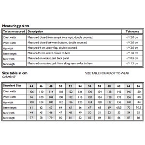 May include: Size chart for clothing garments in centimeters. The chart shows standard sizes from 44 to 66, with measurements for chest width, waist width, hip width, sleeve length, back width, and back length.