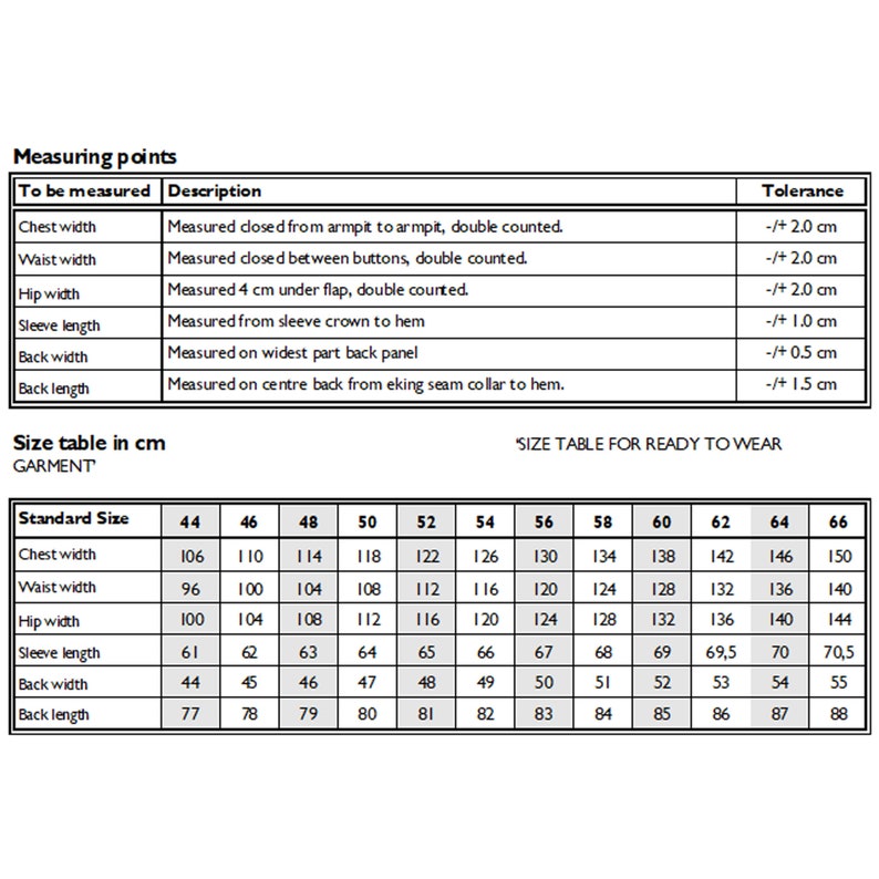 May include: Size chart for clothing garments in centimeters. The chart shows standard sizes from 44 to 66, with measurements for chest width, waist width, hip width, sleeve length, back width, and back length.