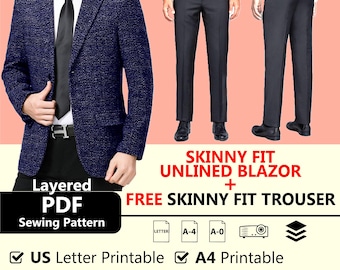 Skinny Fit Blazer & Trouser Sewing Pattern | Unlined Notch Lapel PDF Download | A4 Letter A0
