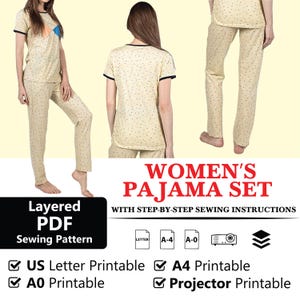Women&#39;s Pajama Set Sewing Pattern |  Sleepwear Top & Pants PDF Patterns | Pyjama Patterns