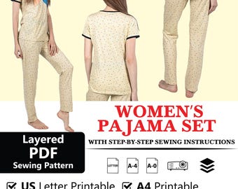 Women's Pajama Set Sewing Pattern |  Sleepwear Top & Pants PDF Patterns | Pyjama Patterns