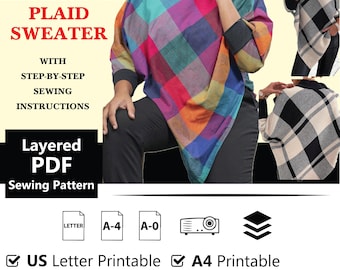 High Neck Plaid Poncho Top PDF Sewing Pattern | Women's Design Mold | Instant Downloadable