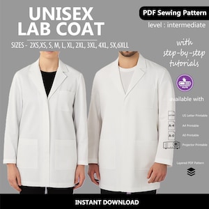 Puede incluir: Bata de laboratorio unisex blanca con bolsillos, disponible en tallas 2XS a 6XLL. La imagen incluye el texto "UNISEX LAB COAT" y "PDF Sewing Pattern" con tutoriales paso a paso. El patrón está disponible en formatos US Letter, A4, A0 y proyector.