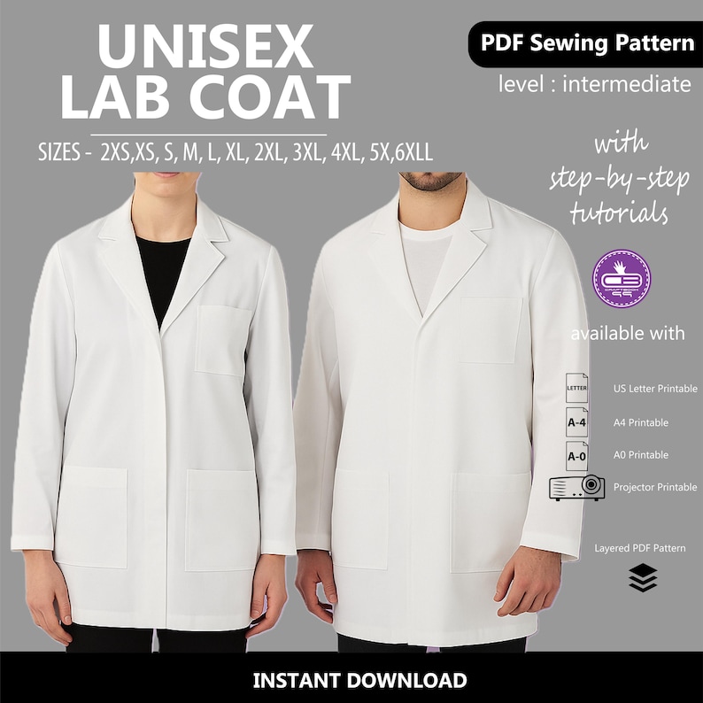 Unisex Lab Coat PDF Sewing Pattern | Clinical Uniform Mold | Instant ...