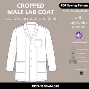May include: A white line drawing of a cropped lab coat pattern. The text "CROPPED MALE LAB COAT" is at the top, with size options listed below. The image also includes "PDF Sewing Pattern" and "INSTANT DOWNLOAD" text.