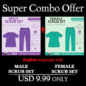 Conjunto de patrones de costura para uniformes médicos / Molde para uniformes médicos para hombres y mujeres / Descarga en PDF / Compra conjunta