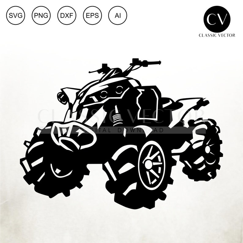 May include: Black and white silhouette of a quad bike with large tyres. The quad bike is facing the left side of the image.