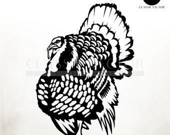 May include: Black and white silhouette of a turkey with its head turned to the side and its wings spread out. The turkey is standing on its two legs.